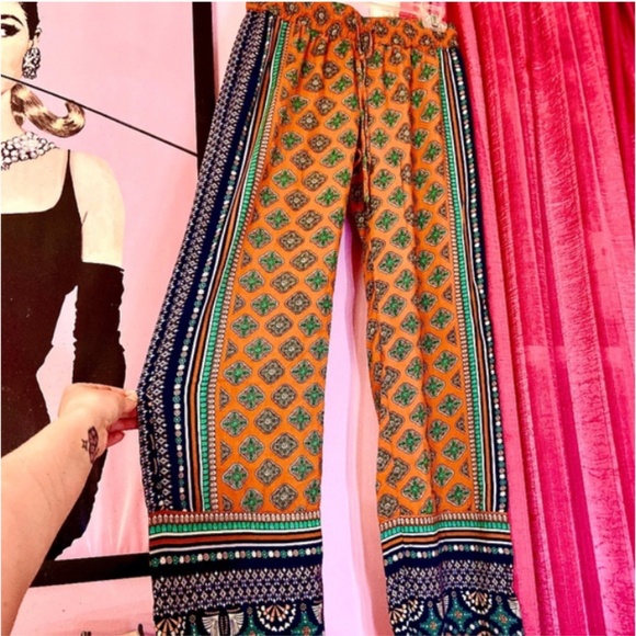 Vintage Kenar Palazzo Pants Wide Leg Orange Indian Boho Women’s Extra Small - Picture 2 of 6